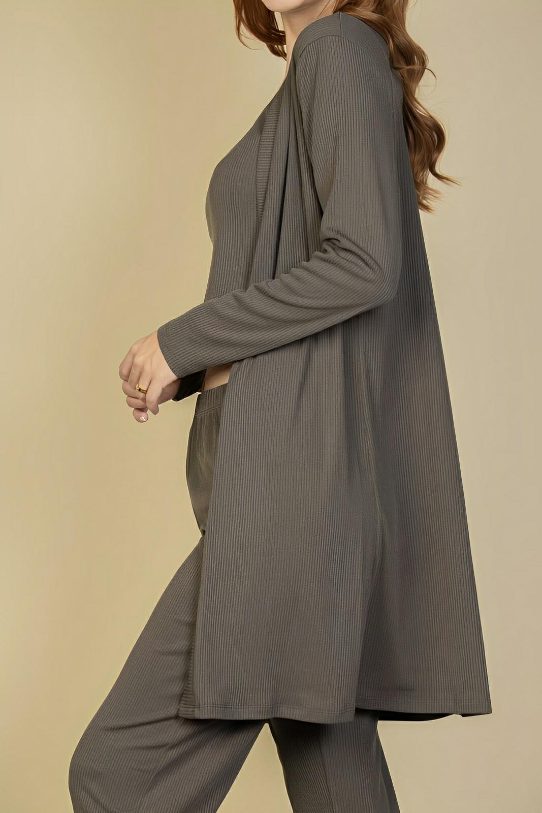 Flat Back Rib 3 Pieces Cami Top With Pants And Long Cardigan Set - AMVIM