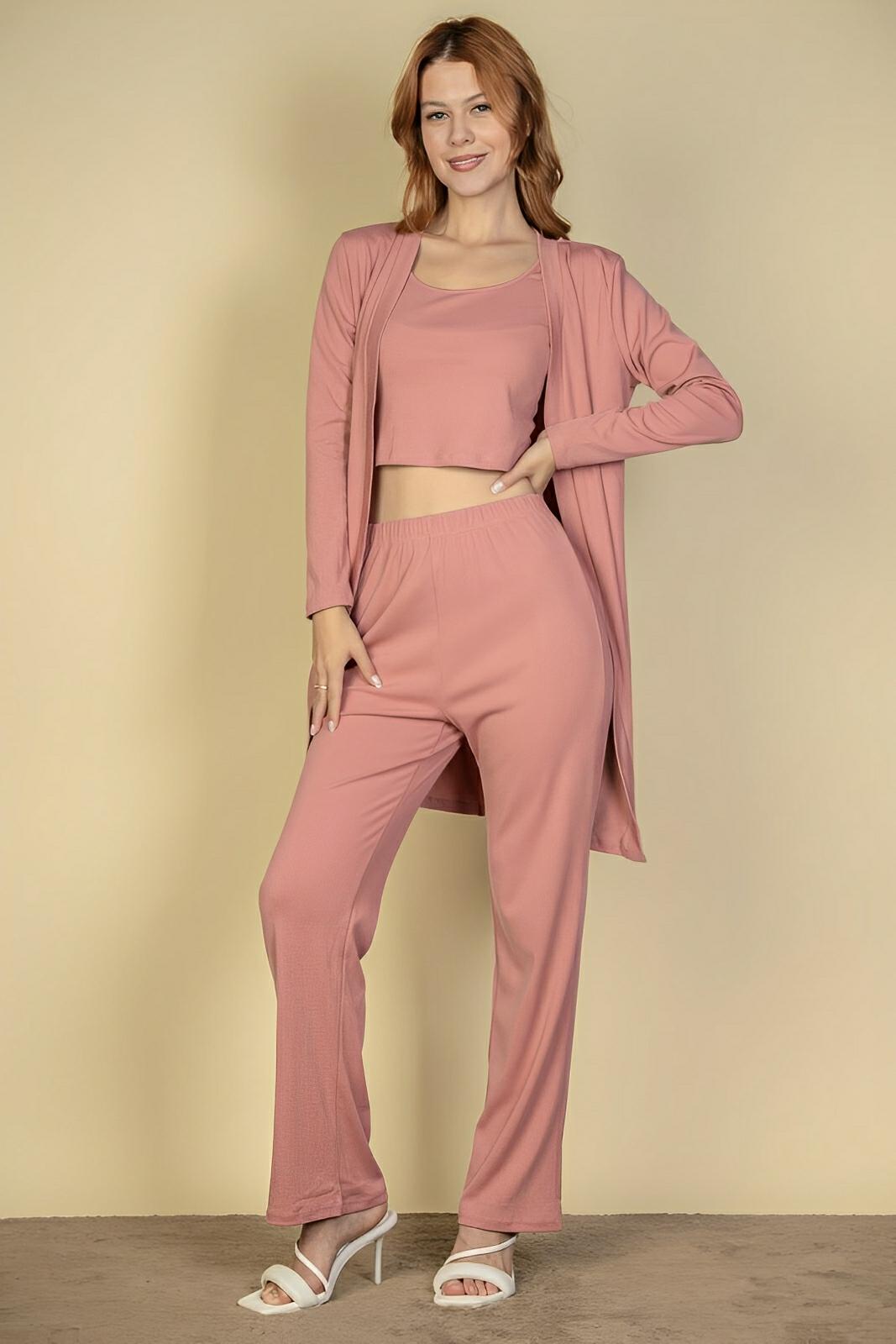 Flat Back Rib 3 Pieces Cami Top With Pants And Long Cardigan Set - AMVIM