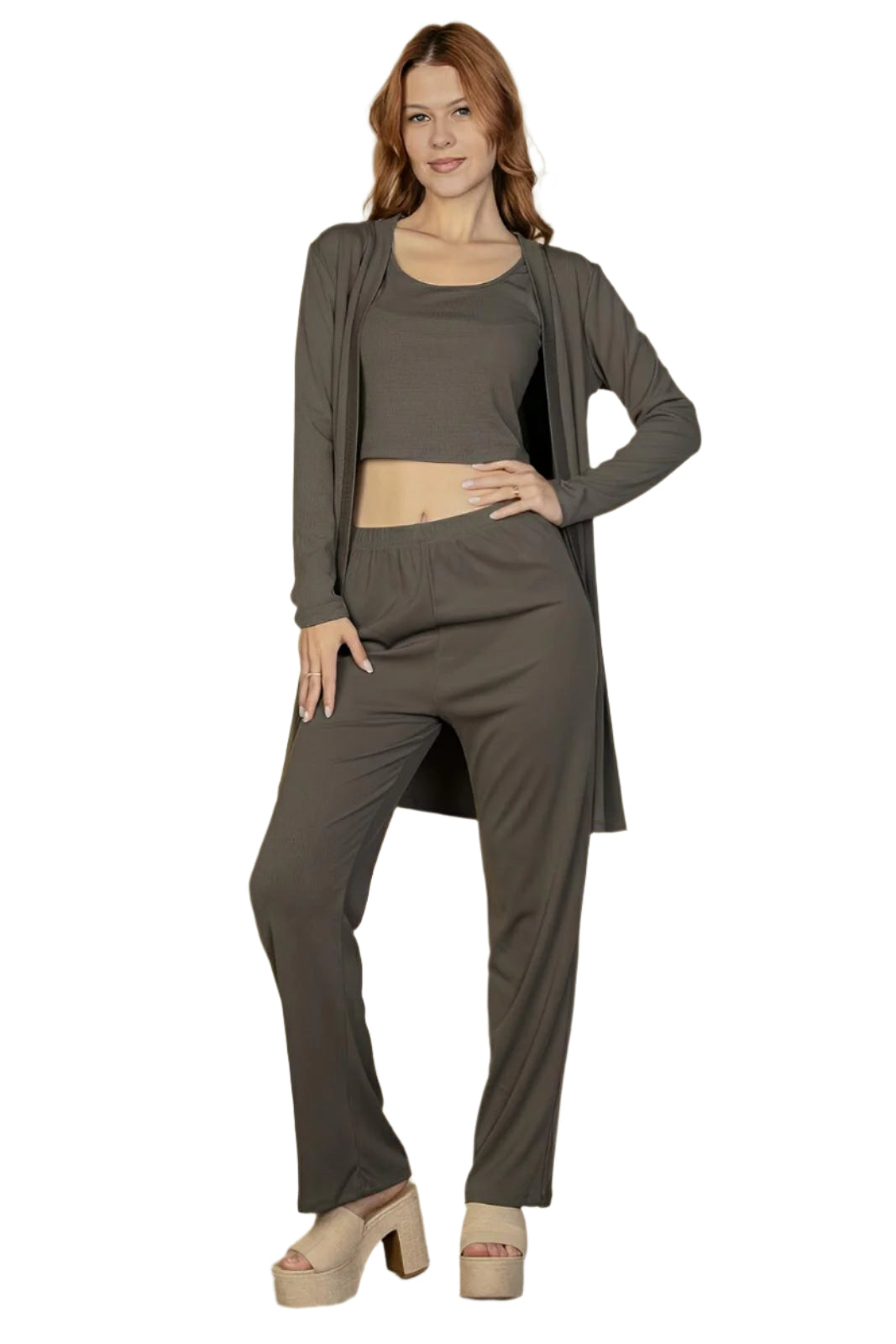 Flat Back Rib 3 Pieces Cami Top With Pants And Long Cardigan Set - AMVIM