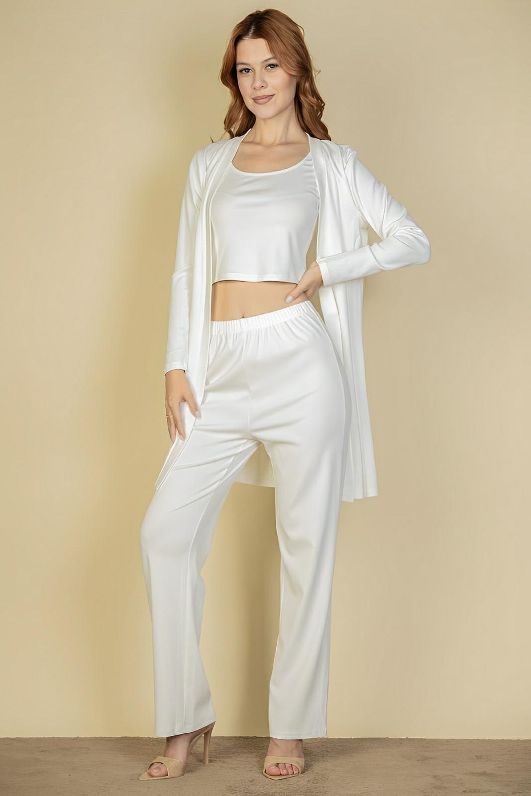 Flat Back Rib 3 Pieces Cami Top With Pants And Long Cardigan Set - AMVIM