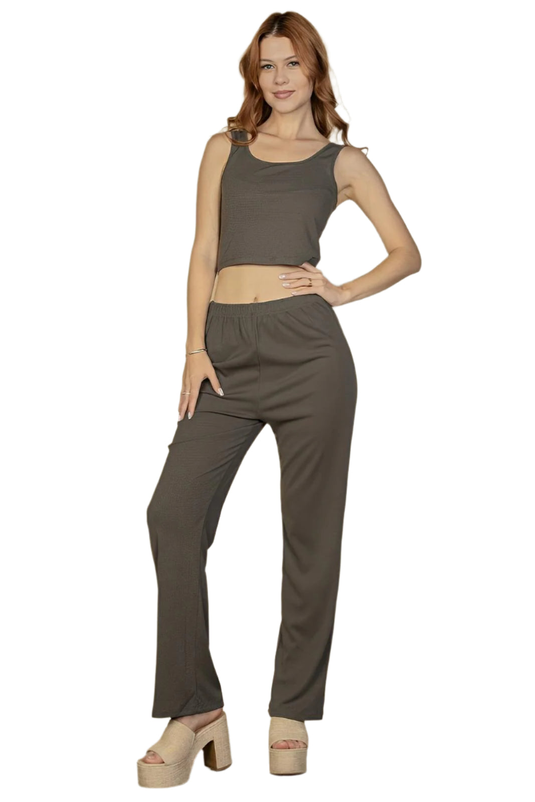 Flat Back Rib 3 Pieces Cami Top With Pants And Long Cardigan Set - AMVIM