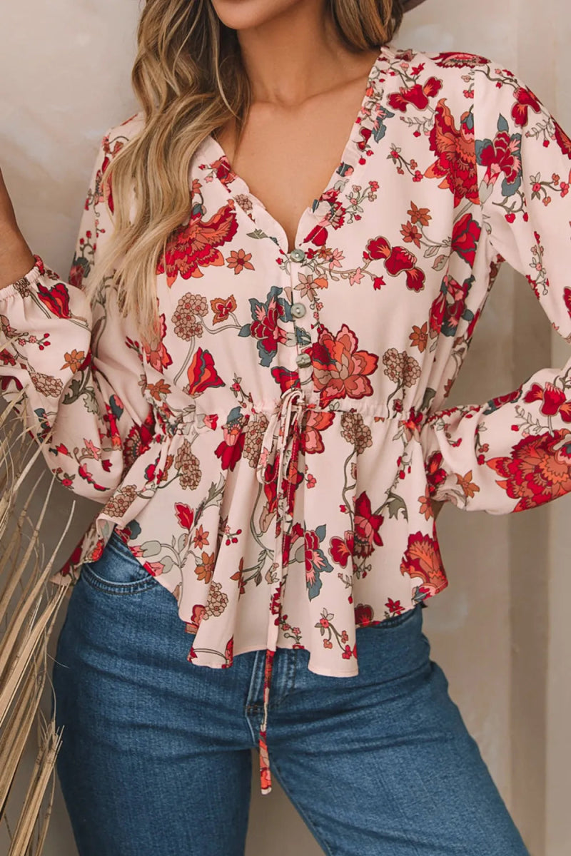 Floral Drawstring Peplum Blouse For Casual Wear - AMVIM