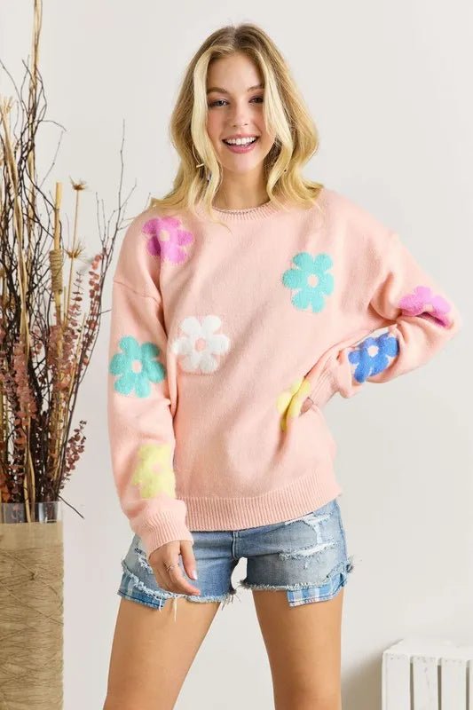 Flower Pattern Round Neck Knit Sweater for Women - AMVIM