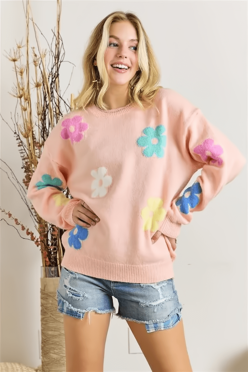 Flower Pattern Round Neck Knit Sweater for Women - AMVIM