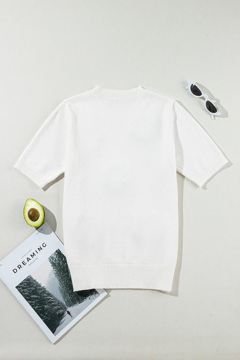 Flower Round Neck Short Sleeve Sweater - AMVIM