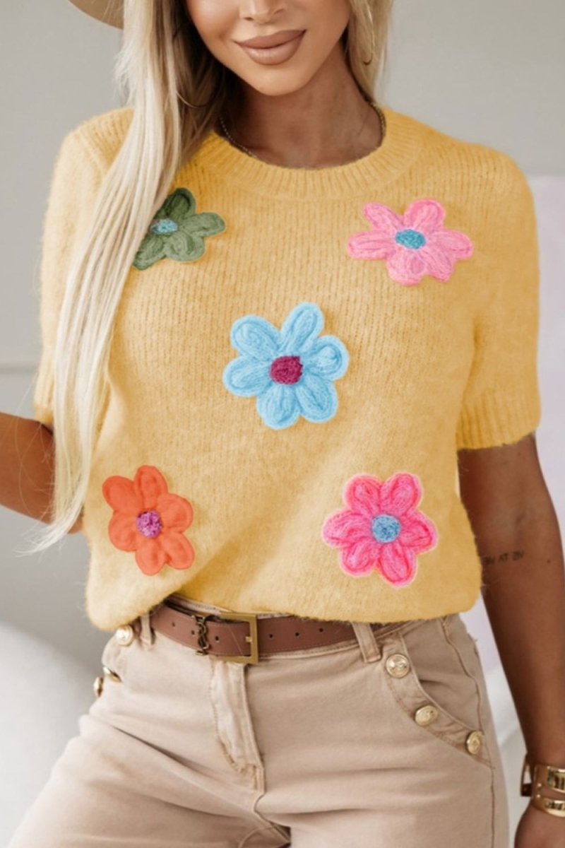 Flower Round Neck Short Sleeve Sweater - AMVIM