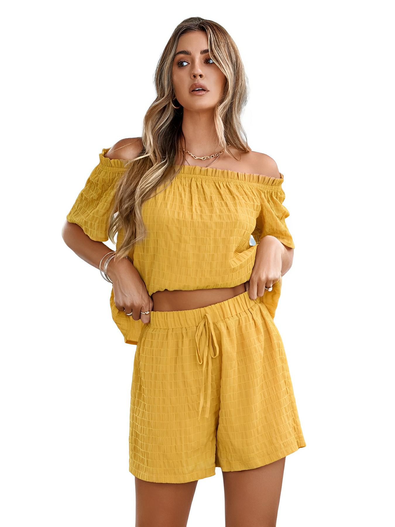 Full Size Off - Shoulder Short Sleeve Top and Tied Shorts Set - AMVIM