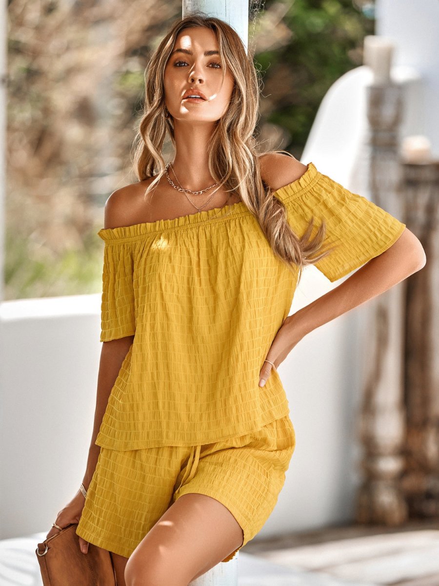Full Size Off - Shoulder Short Sleeve Top and Tied Shorts Set - AMVIM
