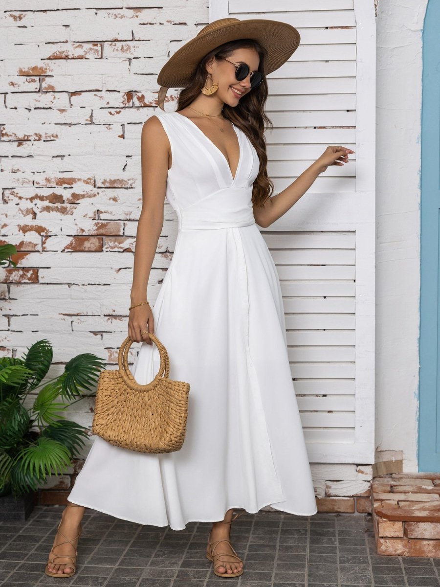Full Size Slit V - Neck Sleeveless Midi Dress - AMVIM