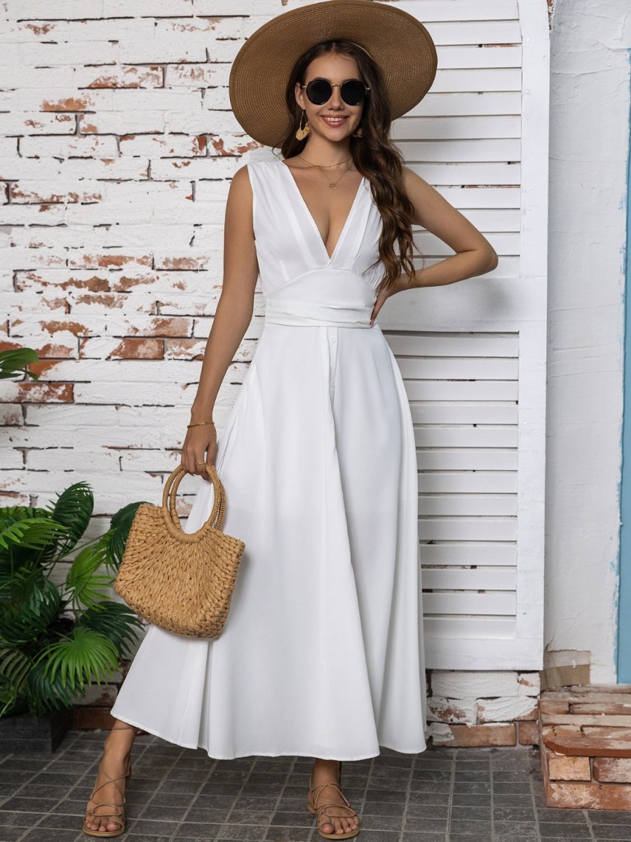 Full Size Slit V - Neck Sleeveless Midi Dress - AMVIM