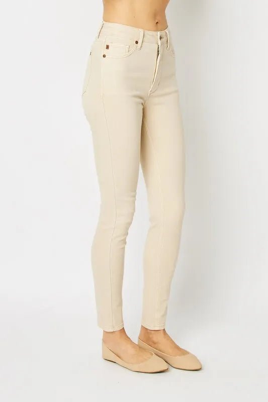 Garment Dyed High Rise Tummy Control Skinny Work Jeans - AMVIM