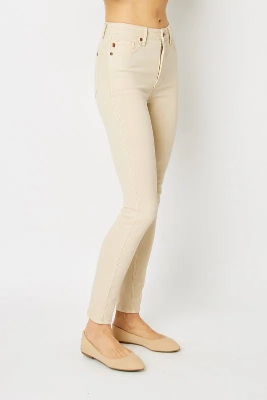Garment Dyed High Rise Tummy Control Skinny Work Jeans - AMVIM