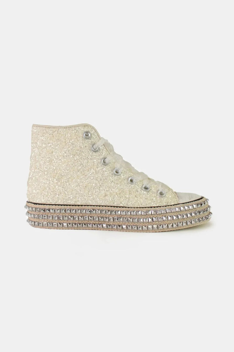Glitter Lace - Up Studded Platform Sneakers – High Top Flats - AMVIM