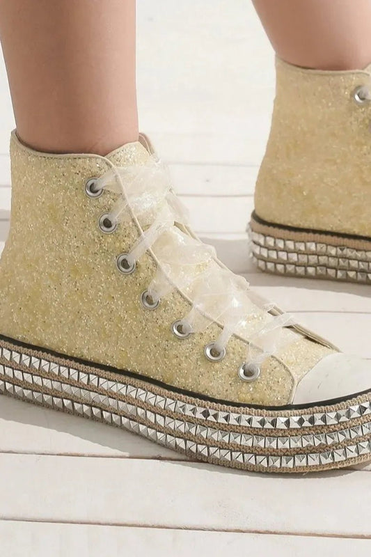 Glitter Lace - Up Studded Platform Sneakers – High Top Flats - AMVIM