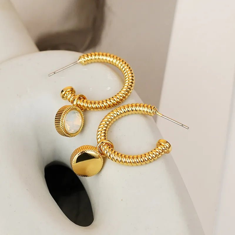 Gold - Plated Hoop Earrings with Cat's Eye Stone Charm - AMVIM
