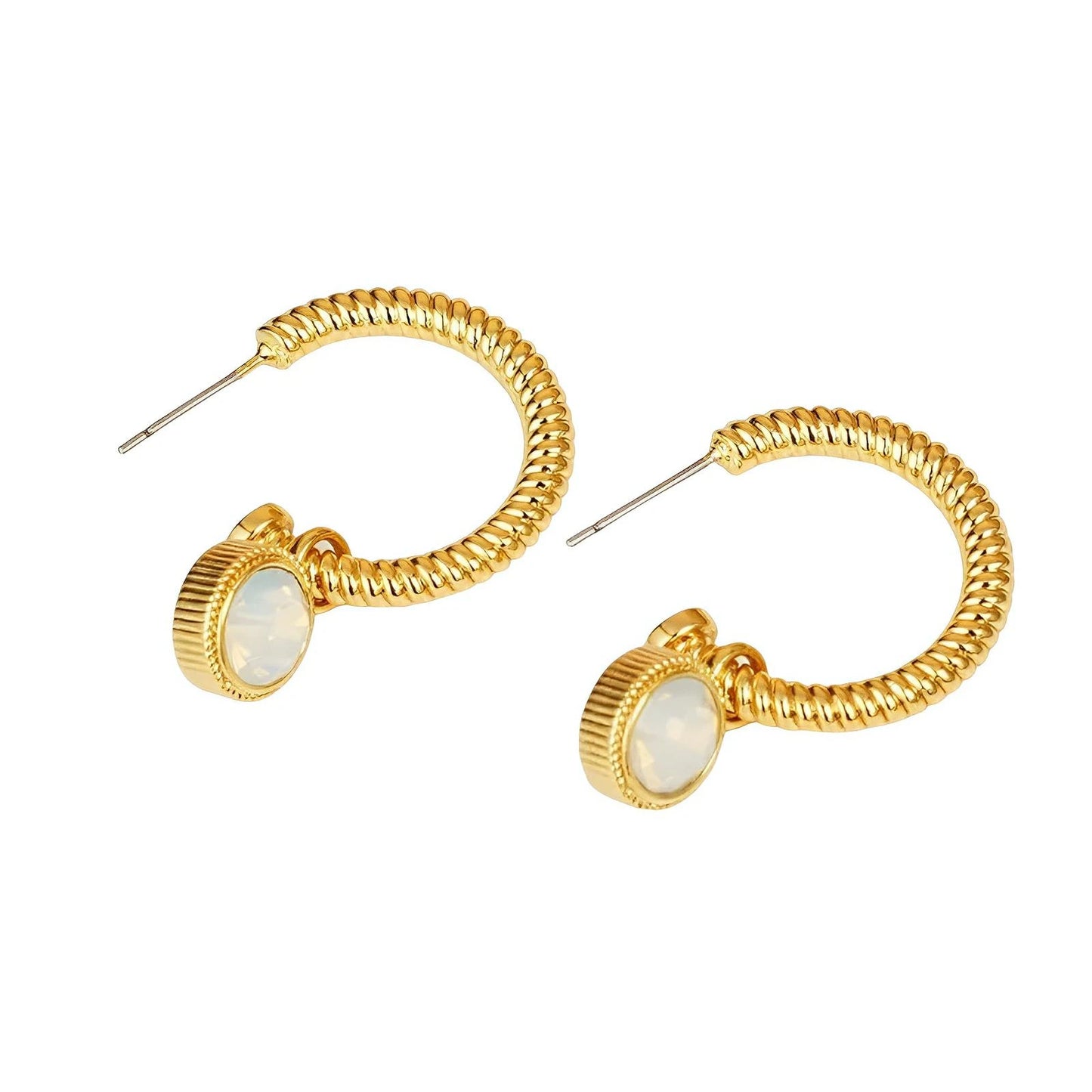 Gold - Plated Hoop Earrings with Cat's Eye Stone Charm - AMVIM