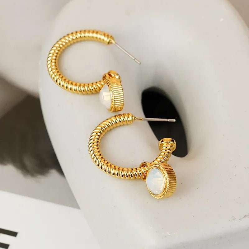 Gold - Plated Hoop Earrings with Cat's Eye Stone Charm - AMVIM