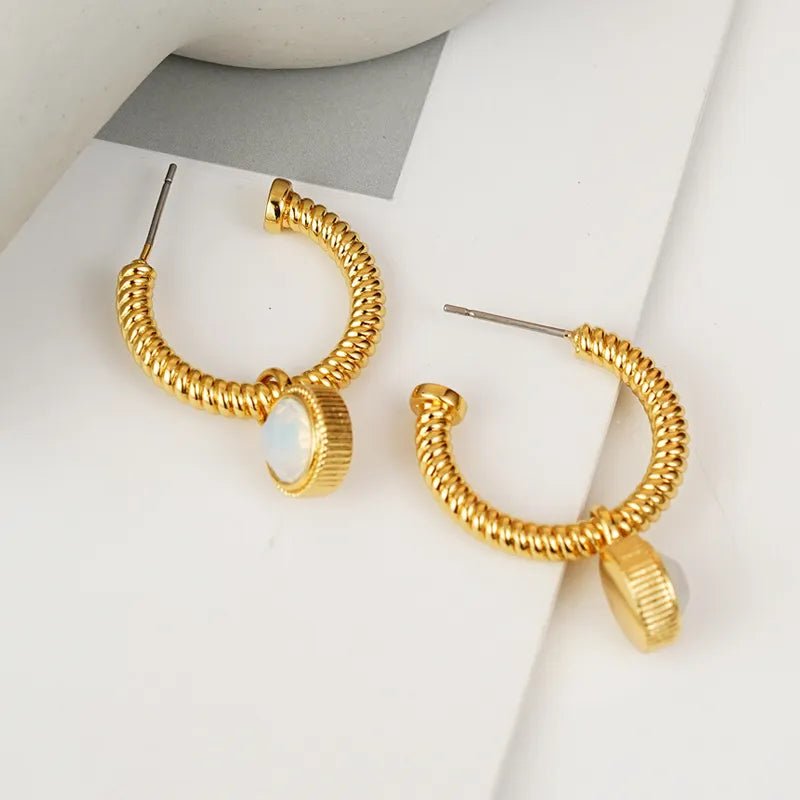 Gold - Plated Hoop Earrings with Cat's Eye Stone Charm - AMVIM