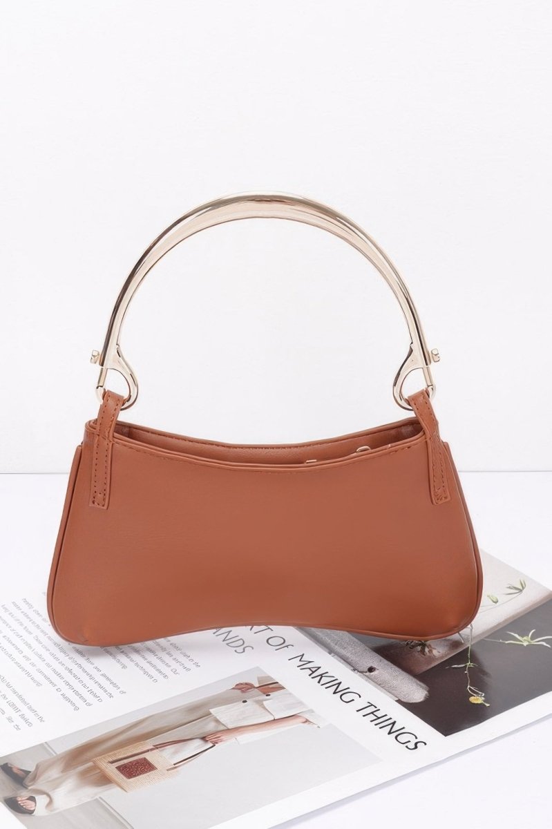 Handbag Faux Leather Metallic Handle Shoulder Bag - AMVIM