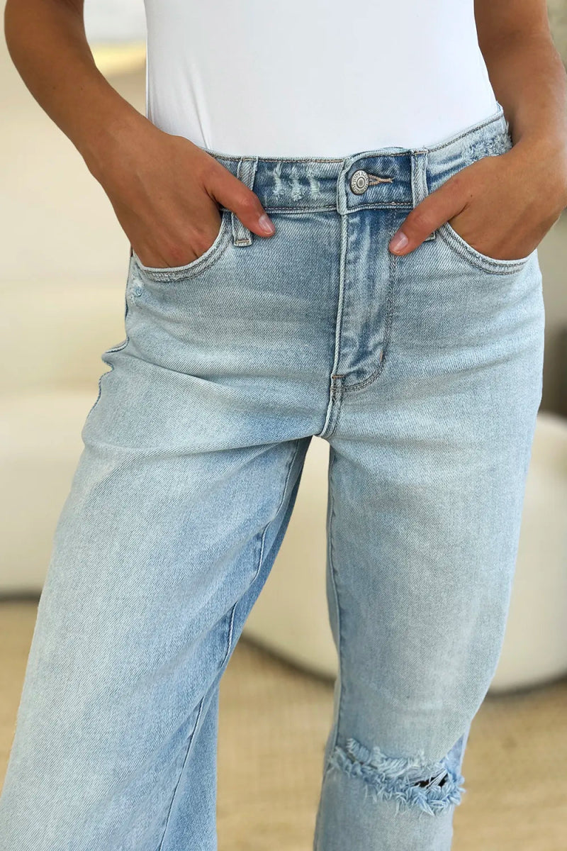 High Waist Distressed Straight Leg Jeans – Slim Fit Denim Style - AMVIM