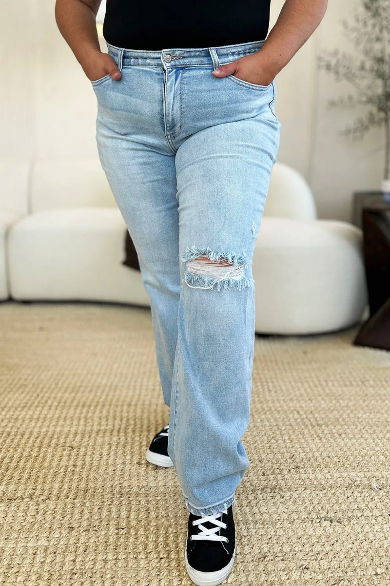 High Waist Distressed Straight Leg Jeans – Slim Fit Denim Style - AMVIM