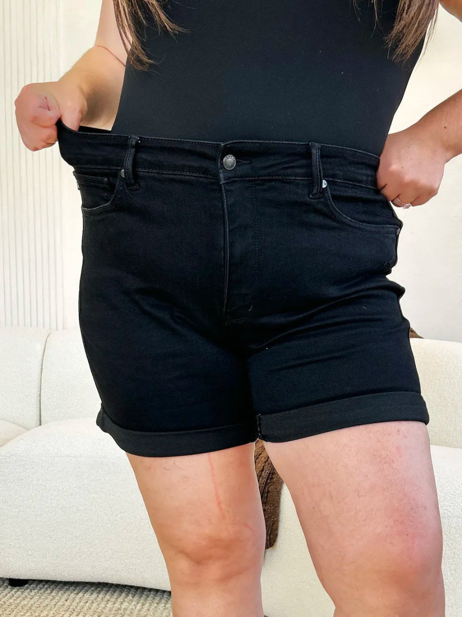 High Waist Tummy Control Cuffed Denim Shorts - AMVIM