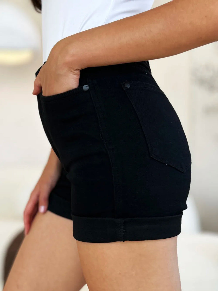 High Waist Tummy Control Cuffed Denim Shorts - AMVIM