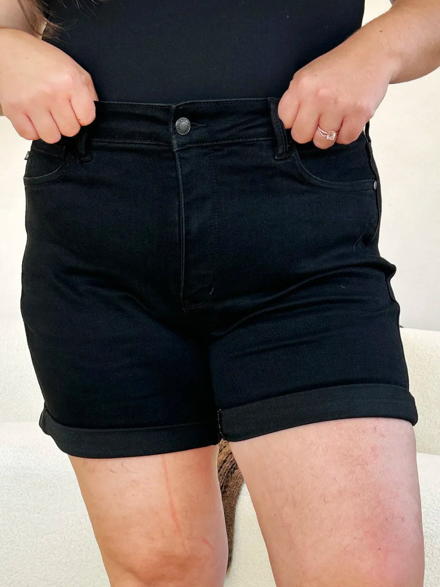 High Waist Tummy Control Cuffed Denim Shorts - AMVIM