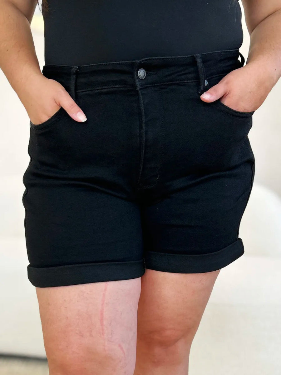 High Waist Tummy Control Cuffed Denim Shorts - AMVIM