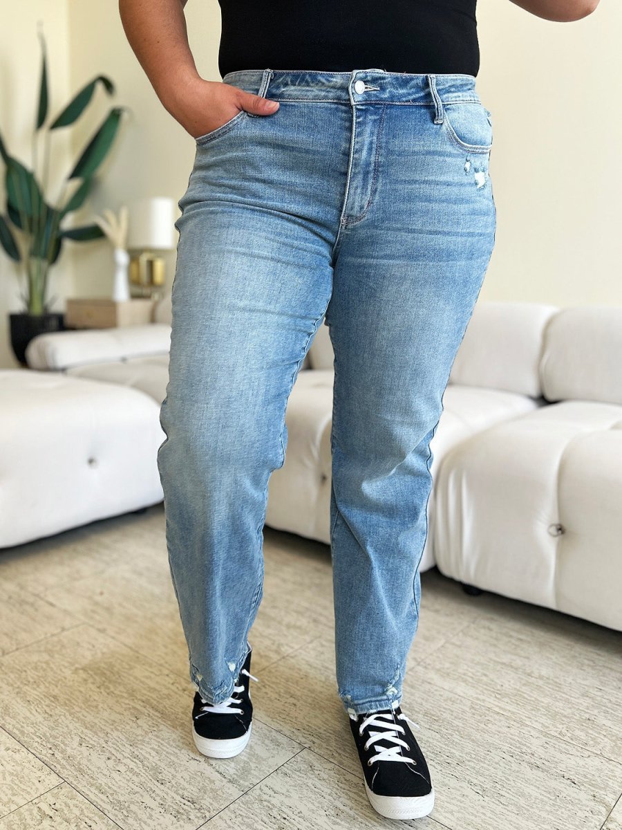 Judy Blue Full Size High Waist Distressed Straight Jeans - AMVIM