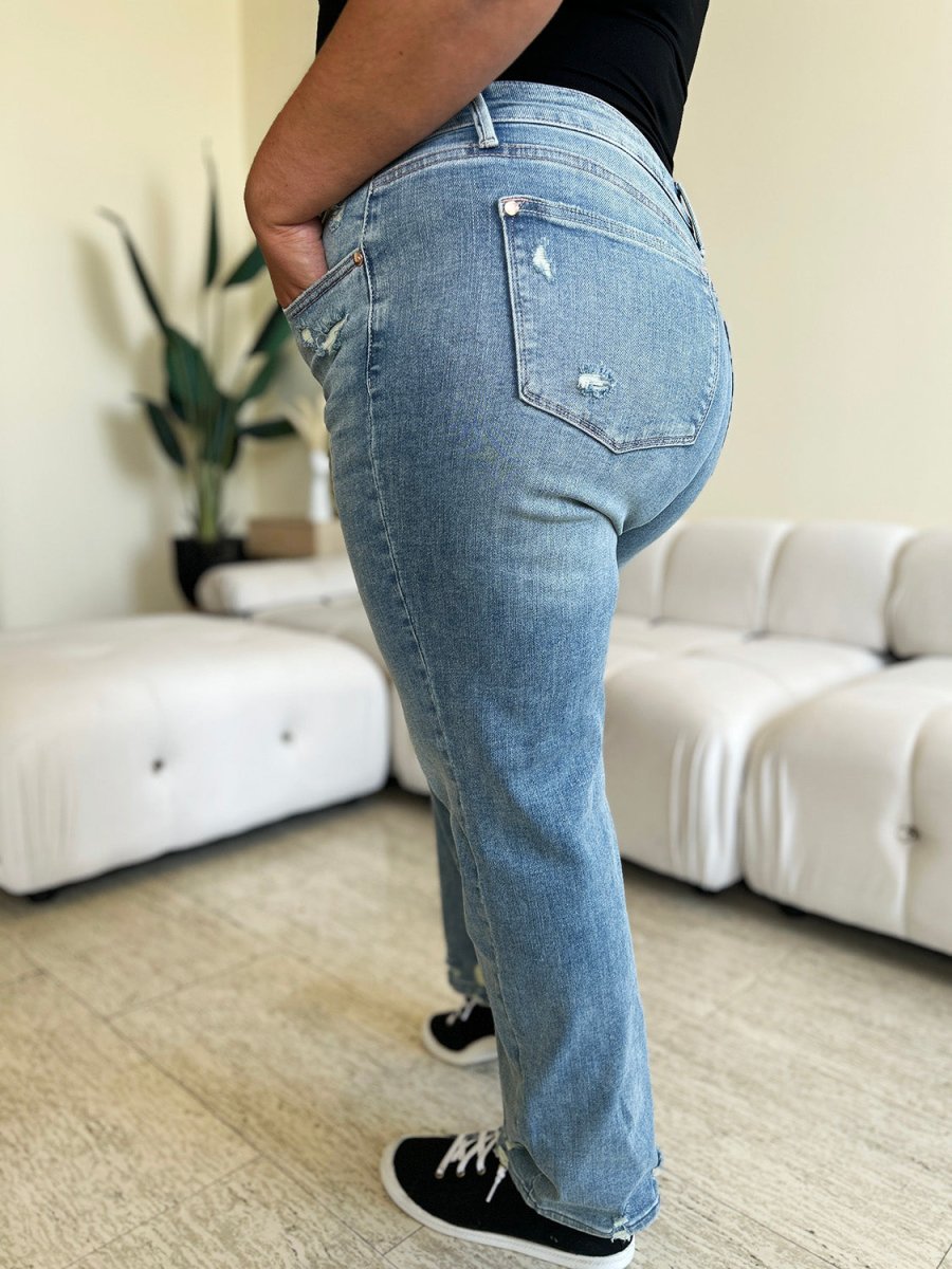 Judy Blue Full Size High Waist Distressed Straight Jeans - AMVIM