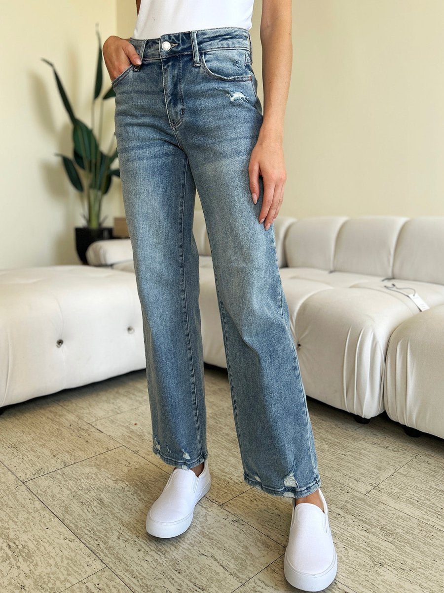 Judy Blue Full Size High Waist Distressed Straight Jeans - AMVIM