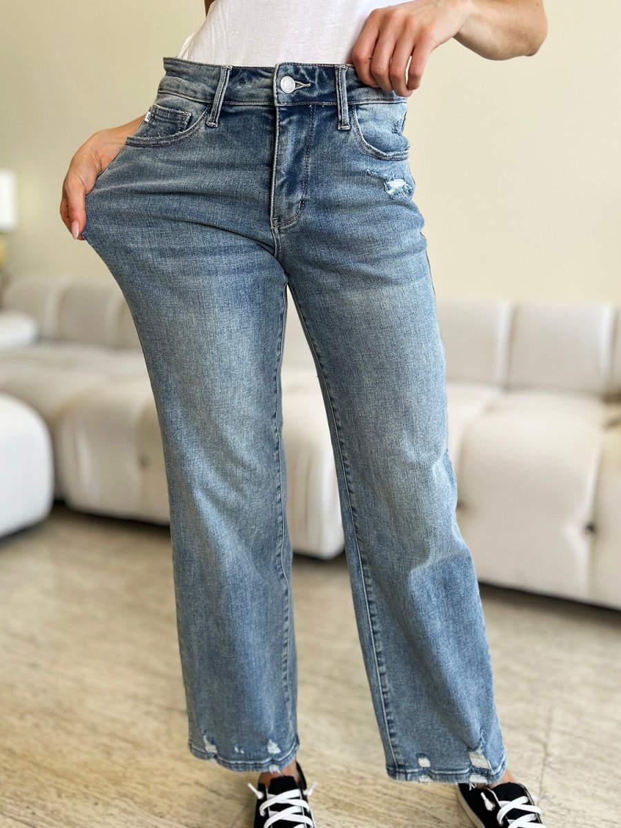 Judy Blue Full Size High Waist Distressed Straight Jeans - AMVIM