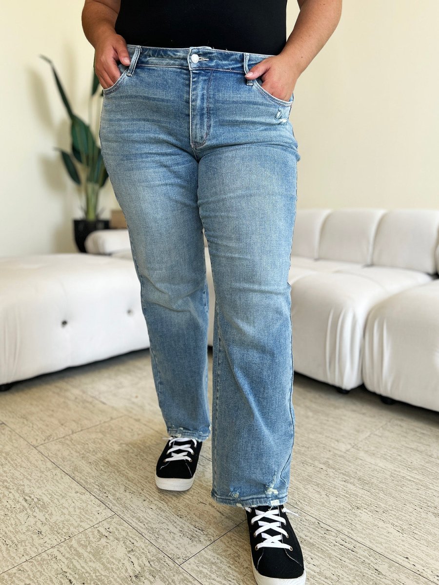 Judy Blue Full Size High Waist Distressed Straight Jeans - AMVIM