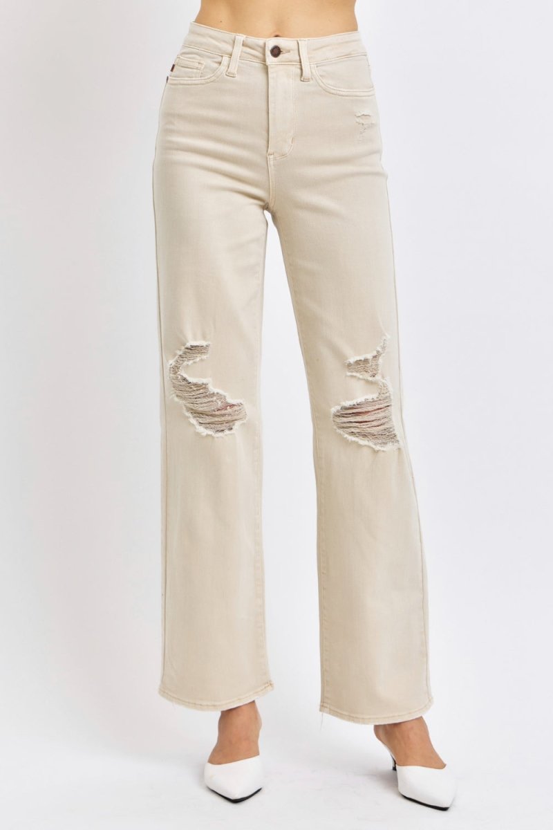 Judy Blue Full Size High Waist Distressed Wide Leg Jeans - AMVIM