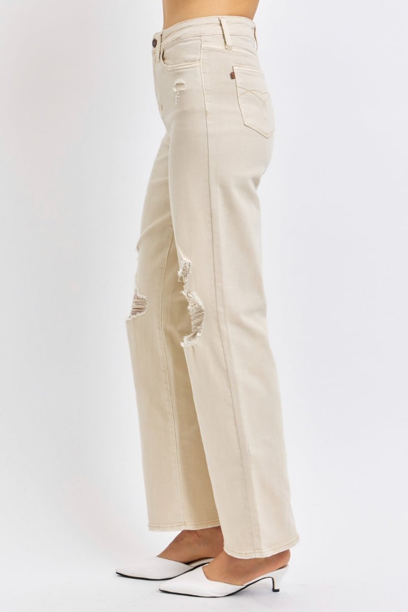 Judy Blue Full Size High Waist Distressed Wide Leg Jeans - AMVIM