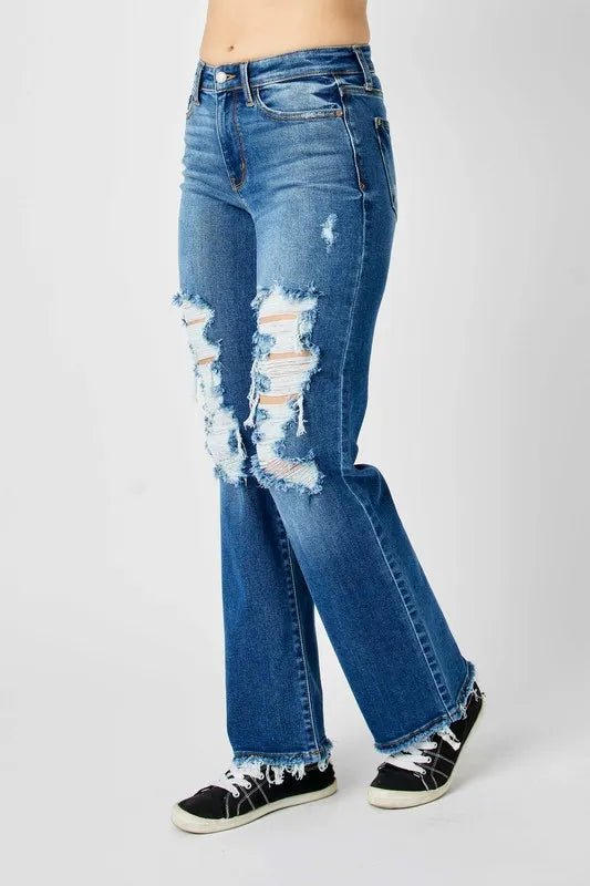 Judy Blue Full Size Mid Rise Distressed Raw Hem Jeans - AMVIM