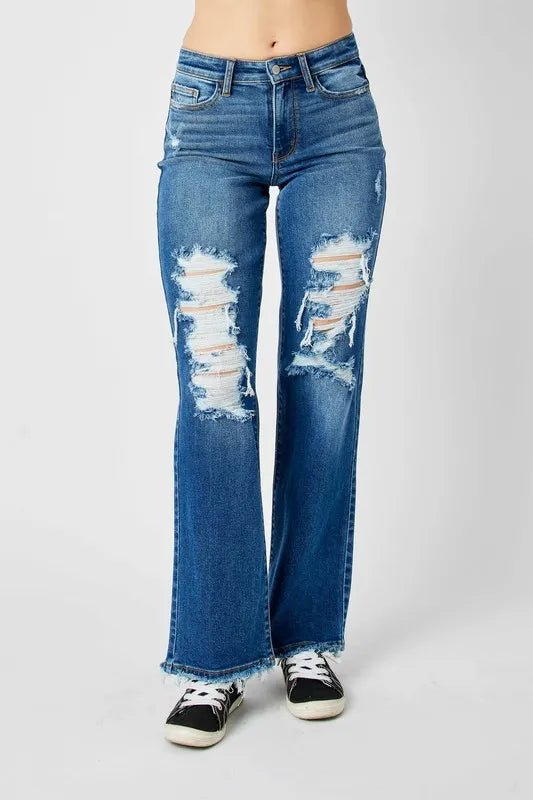 Judy Blue Full Size Mid Rise Distressed Raw Hem Jeans - AMVIM