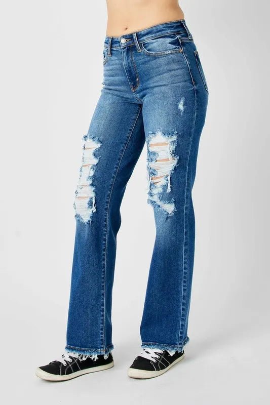 Judy Blue Full Size Mid Rise Distressed Raw Hem Jeans - AMVIM