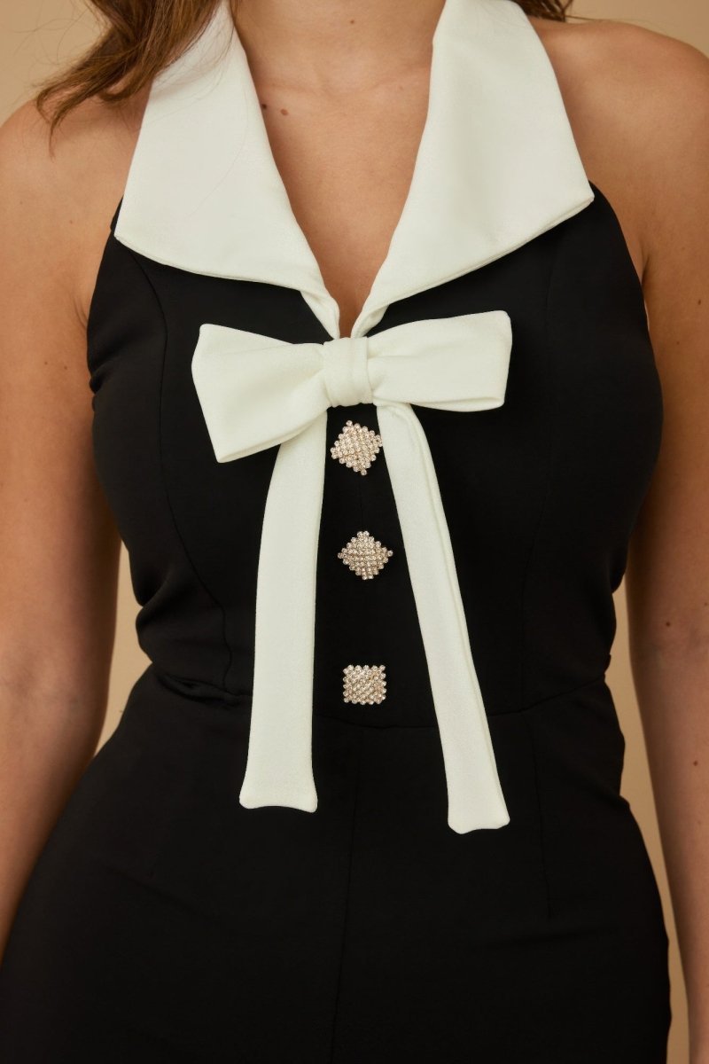 Jumpsuit Black Halter Contrast Collar Bow Detail – Flare Leg - AMVIM