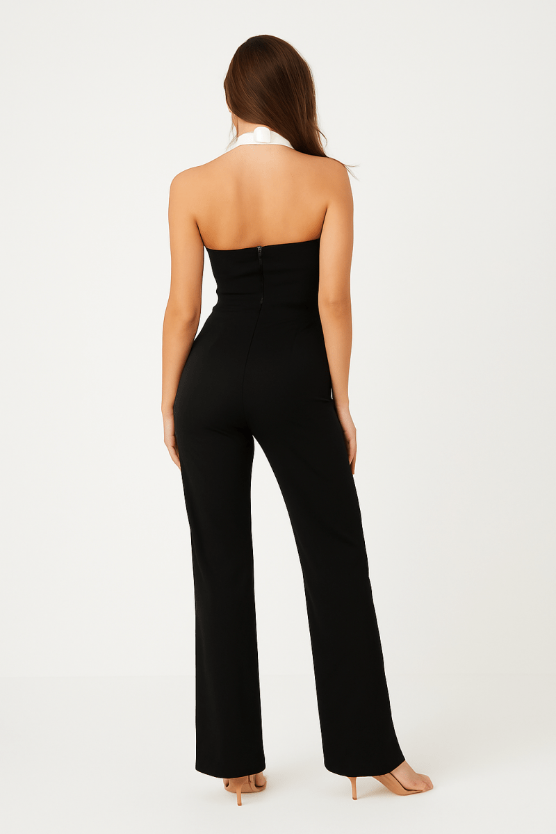 Jumpsuit Black Halter Contrast Collar Bow Detail – Flare Leg - AMVIM