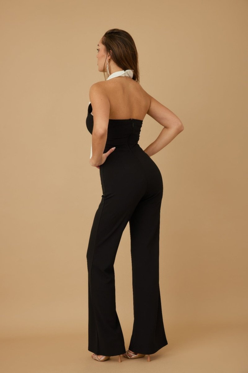 Jumpsuit Black Halter Contrast Collar Bow Detail – Flare Leg - AMVIM