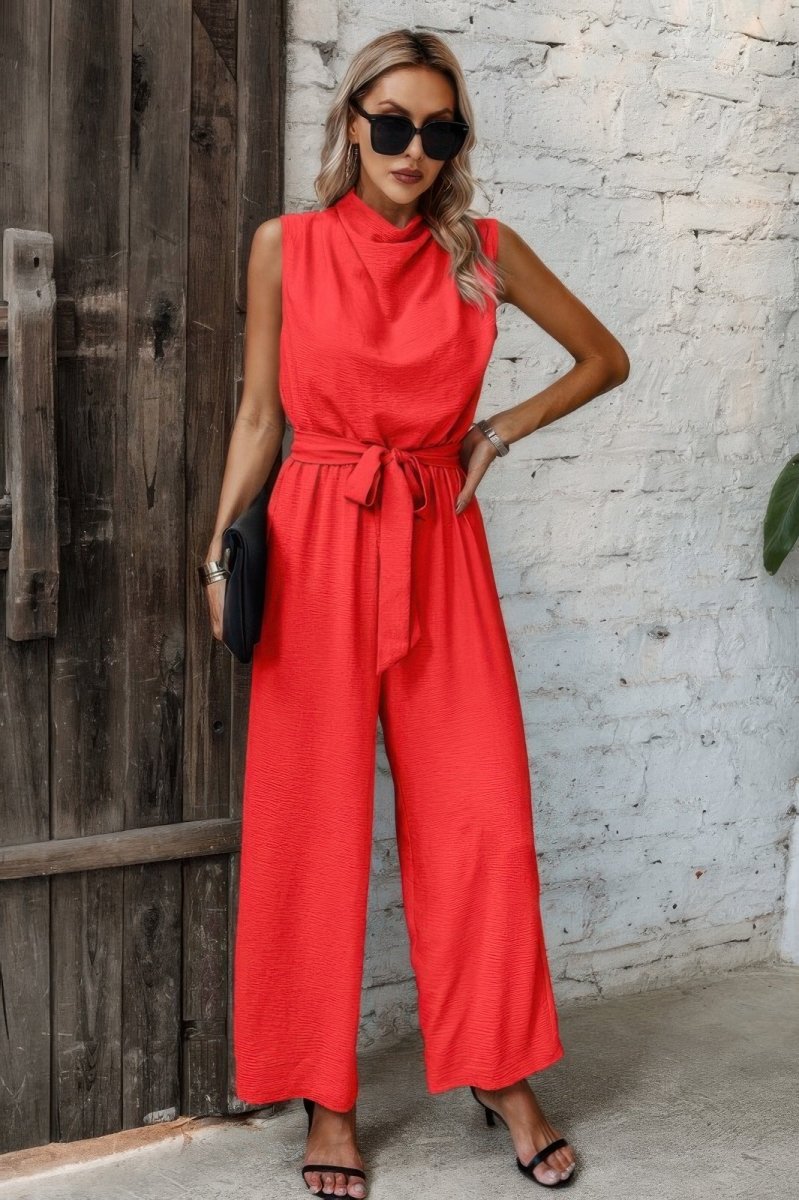 Jumpsuit sleeveless back cutout belted for day parties - AMVIM