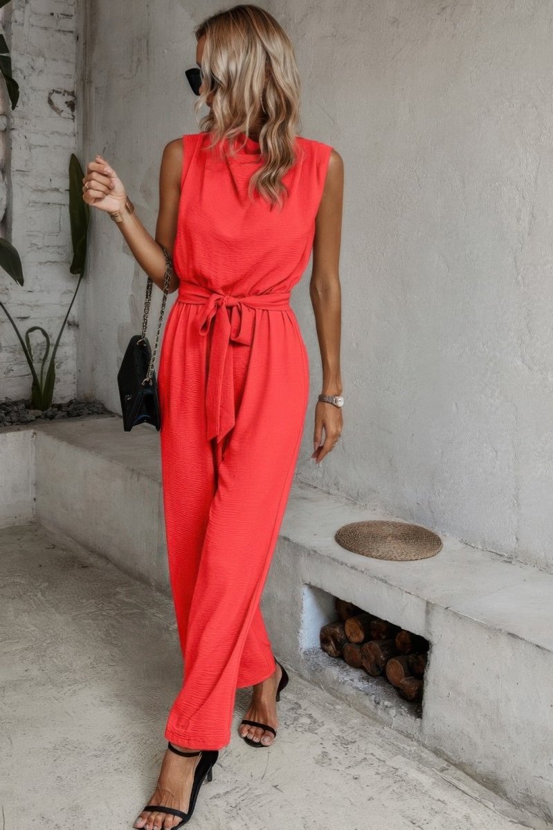 Jumpsuit sleeveless back cutout belted for day parties - AMVIM