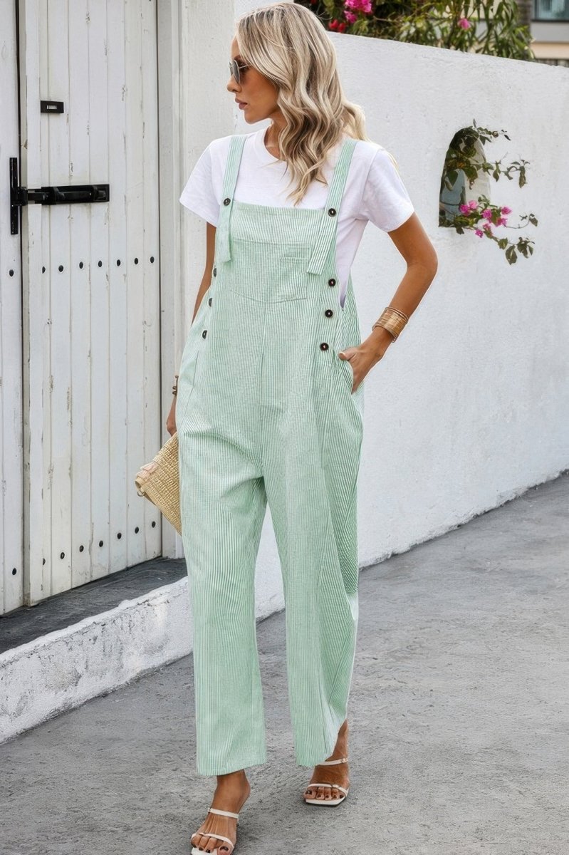 Jumpsuit square neck button trim cotton casual pockets - AMVIM
