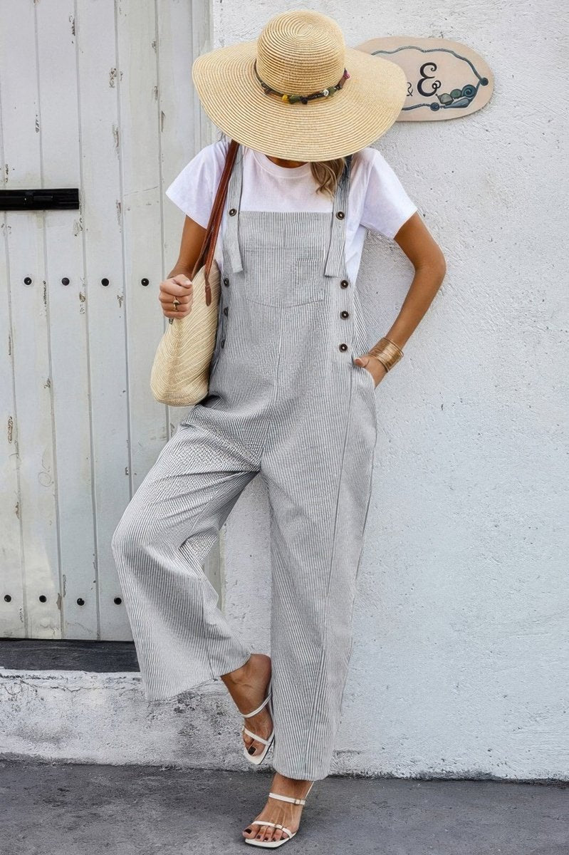 Jumpsuit square neck button trim cotton casual pockets - AMVIM