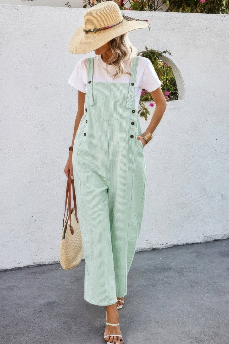 Jumpsuit square neck button trim cotton casual pockets - AMVIM