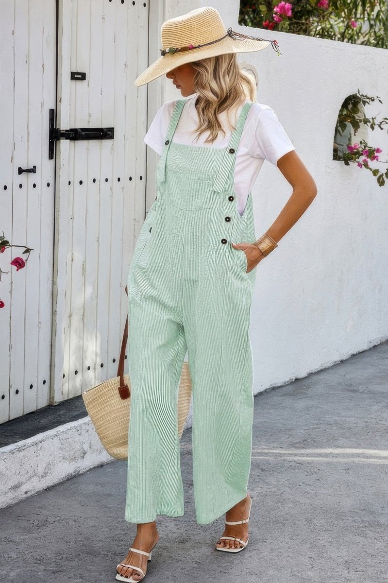 Jumpsuit square neck button trim cotton casual pockets - AMVIM
