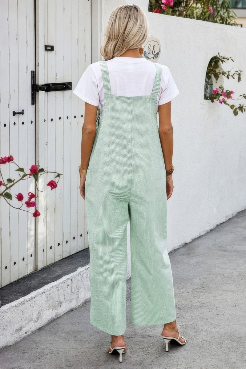 Jumpsuit square neck button trim cotton casual pockets - AMVIM