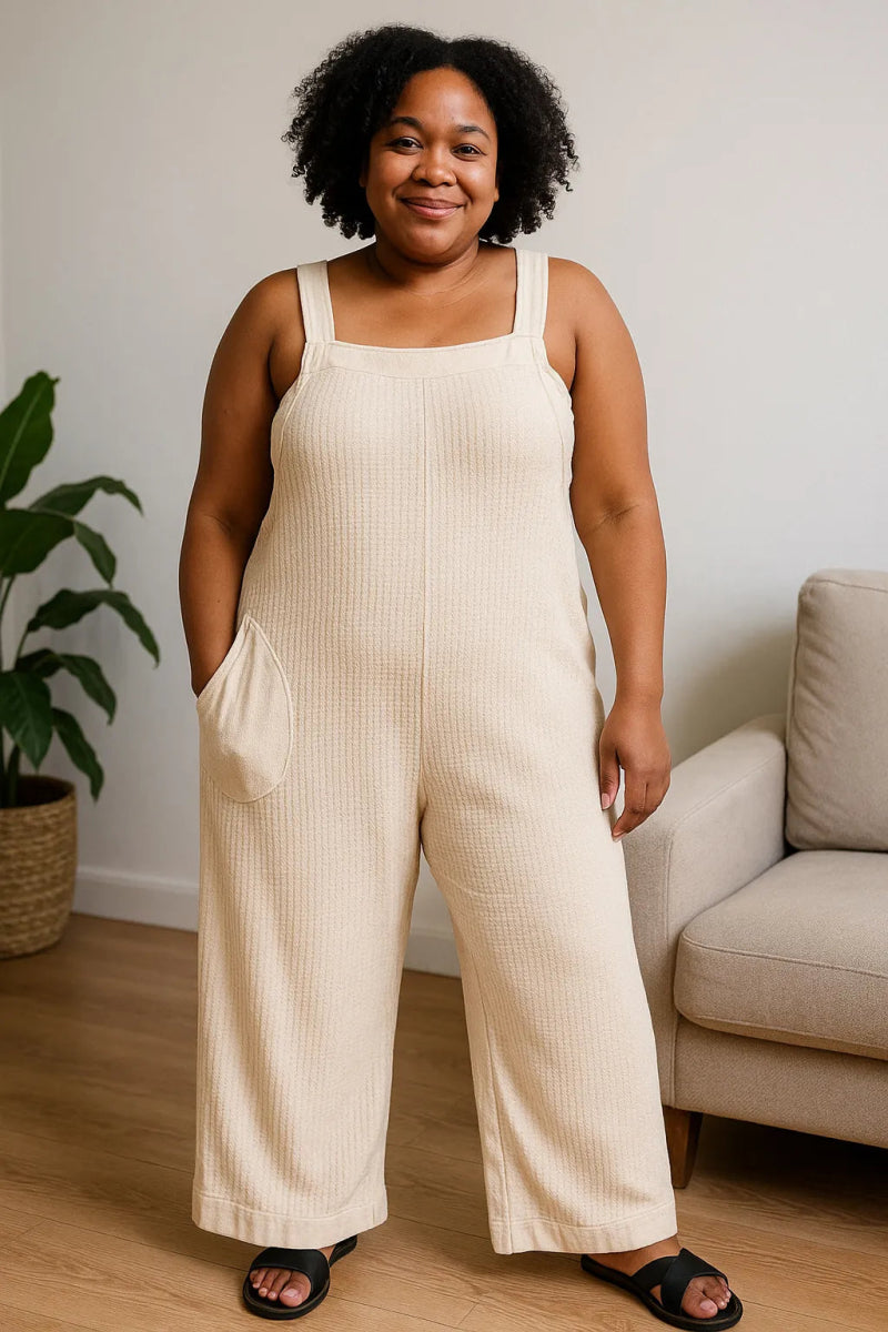 Knit Waffle Wide Leg Overalls With Adjustable Straps - AMVIM